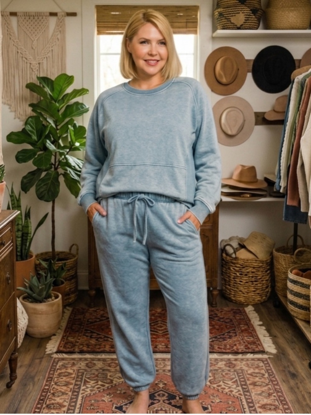 💕Coming Soon! Cozy Washed 2-piece Blue Lounge Set